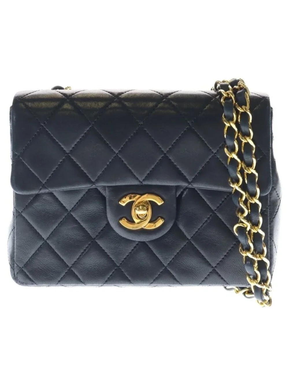 Chanel Mini Quilted S Flap S Chain Shoulder Bag Black Lambskin Gold